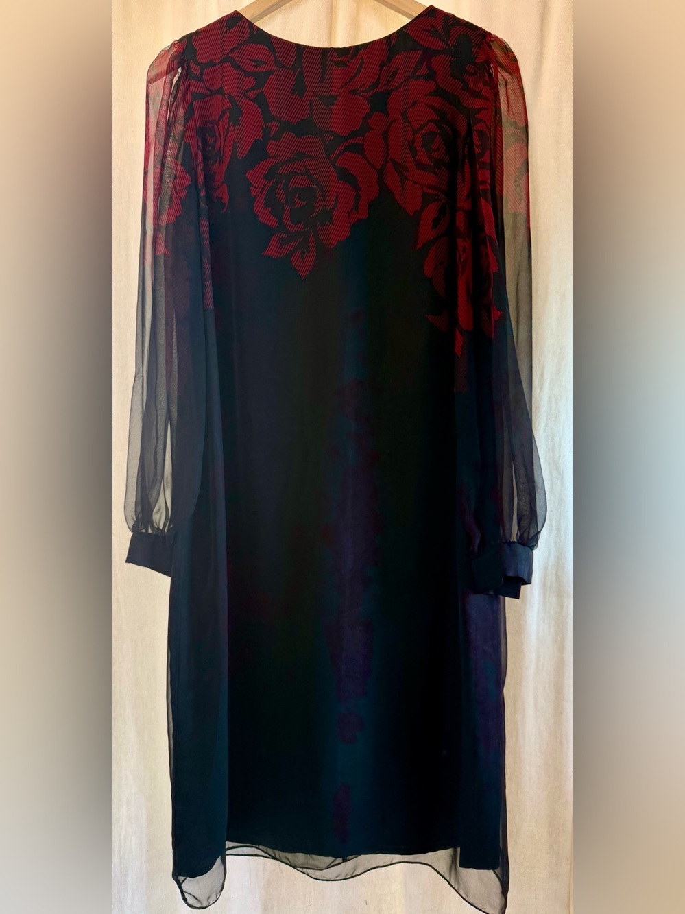 🌹Vintage Miss Elliette Black Dress with Red Rose Yoke and Sheer Long Sleeves 🌹